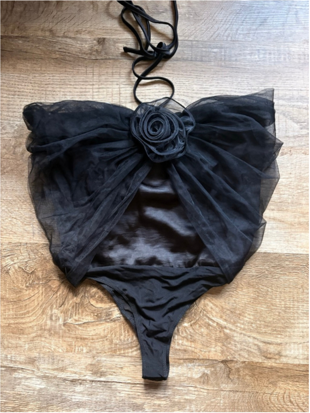 New Lulus Black Tulle Rosette Bodysuit Large